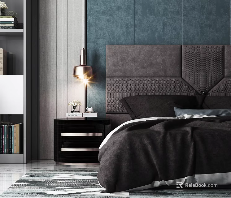 Modern Double Bed Interior With Tufted Headboard Nightstand Table Lamp And Bookshelf 3d model 