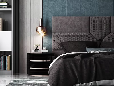 Modern Double Bed Interior With Tufted Headboard Nightstand Table Lamp And Bookshelf 3d model