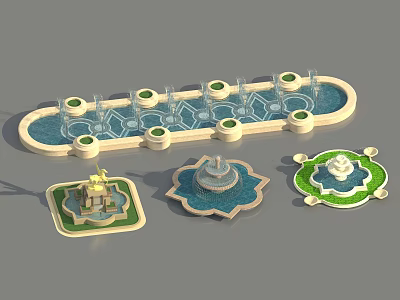 Creative Garden Ornaments Featuring Decorative Fountain And Pond Designs With Green Accents And Blue Water 3d model