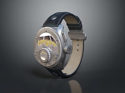 Vintage Leather Strap Watch With Silver Dial And Yellow Mechanical Accents 3d model