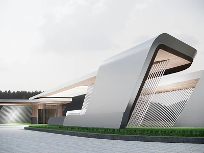 Modern Architectural Entrance Gate With Sleek Curved Design Wooden Details And Lawn Surroundings 3d model