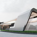 Modern Architectural Entrance Gate With Sleek Curved Design Wooden Details And Lawn Surroundings