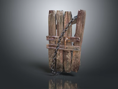 Old Wooden Entrance Gate With Iron Bars And Hanging Chain 3d model