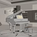 White Piano And Framed Painting In Modern Interior With Wooden Bookshelf Stool And Circular Rug