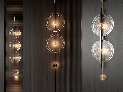 Modern Circular Glass Wall Lamps With Illuminated Design On Dark Wooden Wall 3d model