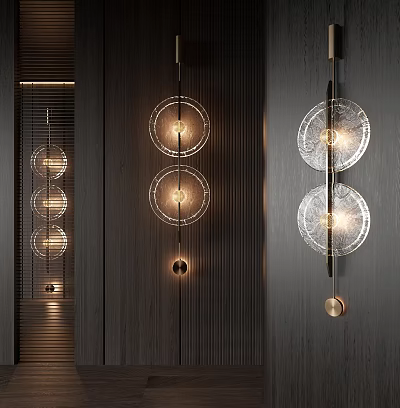 Modern Circular Glass Wall Lamps With Illuminated Design On Dark Wooden Wall 3d model
