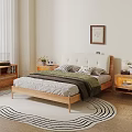 Double Bed With Wooden Frame White Upholstered Headboard Gray Bedspread Green Blanket Pillows Nightstands Rug