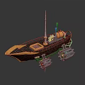 Detailed Steampunk Wooden Boat Model With Yellow Chimney Mast And Side Propellers