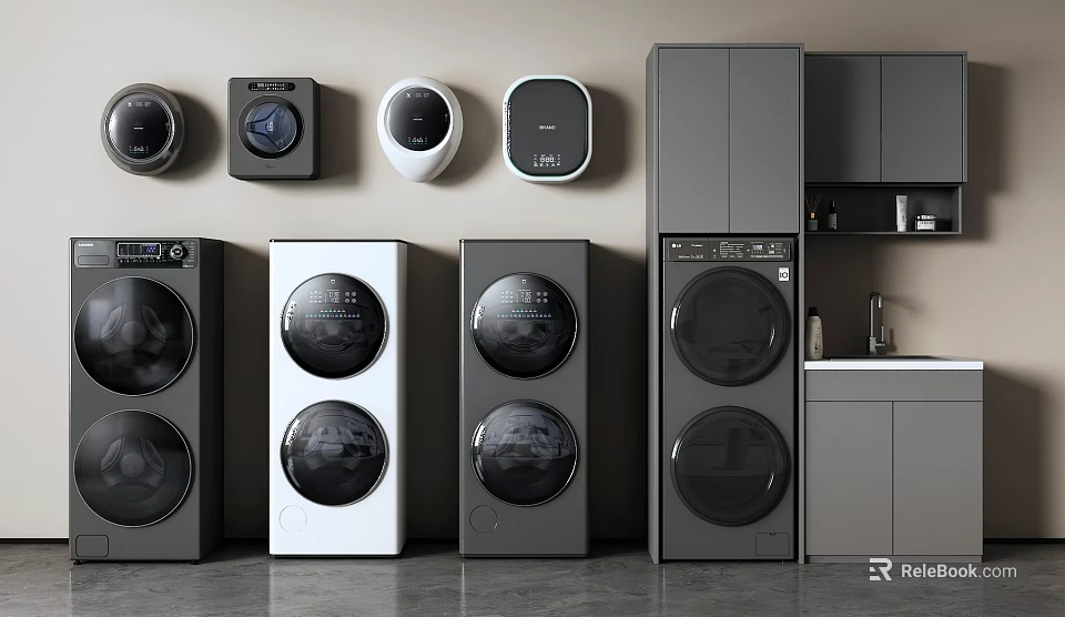 Modern Front Loading Washing Machines Black White And Gray In Contemporary Laundry Room Interior 3d model 
