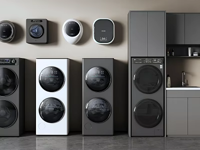 Modern Front Loading Washing Machines Black White And Gray In Contemporary Laundry Room Interior 3d model