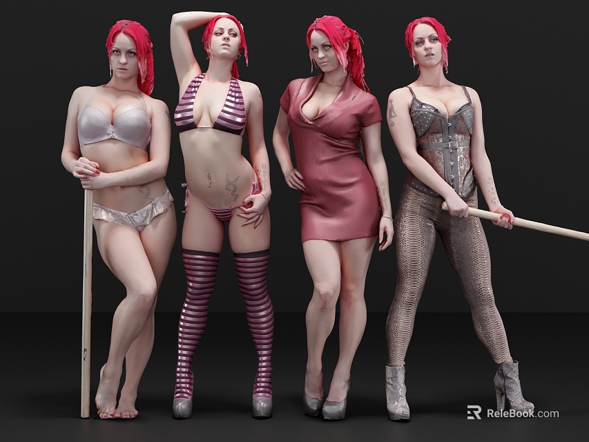 Four Red Haired Women In Different Stylish Outfits Holding Stick Together 3d model 