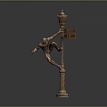 Bronze Sculpture of Climbing Figure on Lamp Post With Directional Signs