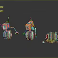 Three Colorful Robots With Various Sizes Wheels And Green Tools On Reflective Floor