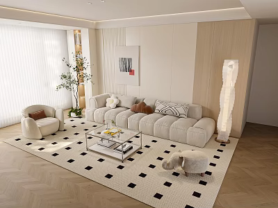 Modern Sofa Coffee Table Set With Black White Checkered Rug And Floor Lamp 3d model