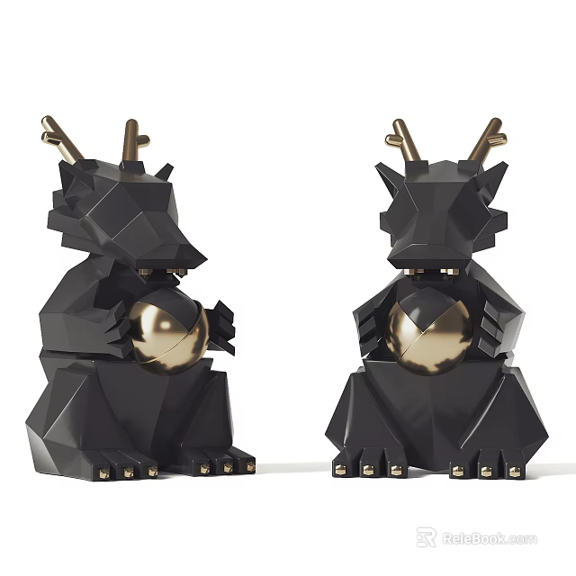 Black Geometric Dragon Sculptures With Gold Horns And Spherical Accents 3d model 