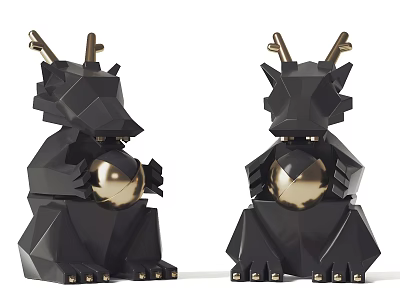 Black Geometric Dragon Sculptures With Gold Horns And Spherical Accents 3d model