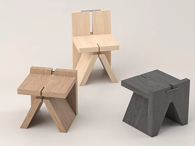 Minimalist Wooden Stools In Different Colors With Geometric Leg Design 3d model