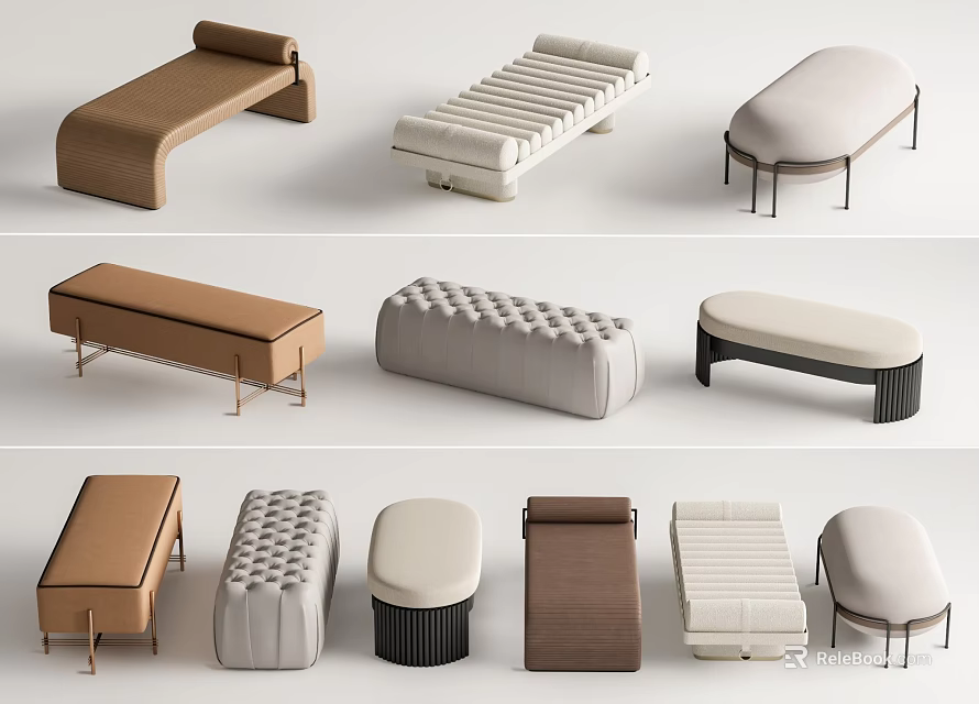 Various Modern Ottoman Designs With Different Shapes Materials And Leg Styles 3d model 