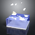 3D Blue Cubic Platform Scene With White Clouds And Floating Elements