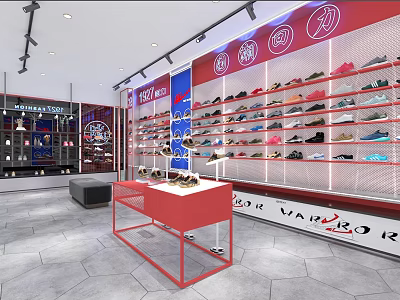 Shoe Store Interior With Red Display Shelves Various Shoes Red Counter And Neon Sign 3d model
