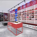 Shoe Store Interior With Red Display Shelves Various Shoes Red Counter And Neon Sign