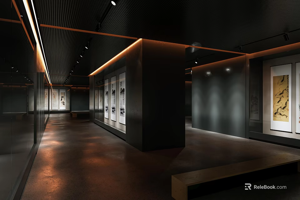 Modern Gallery Interior Design With Displayed Artworks Dark Walls And Wooden Floors 3d model 