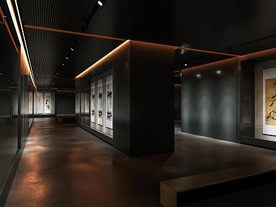 Modern Gallery Interior Design With Displayed Artworks Dark Walls And Wooden Floors 3d model