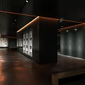 Modern Gallery Interior Design With Displayed Artworks Dark Walls And Wooden Floors