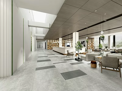 Modern Spacious Sales Office Interior With Reception Desk Sofa Seating Green Plants And Large Windows 3d model