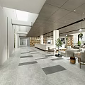 Modern Spacious Sales Office Interior With Reception Desk Sofa Seating Green Plants And Large Windows