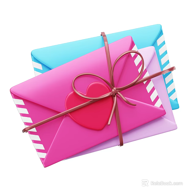 Decorative Ornament Set With Colorful Striped Envelopes Heart Ornament And Brown String 3d model 