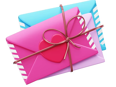 Decorative Ornament Set With Colorful Striped Envelopes Heart Ornament And Brown String 3d model