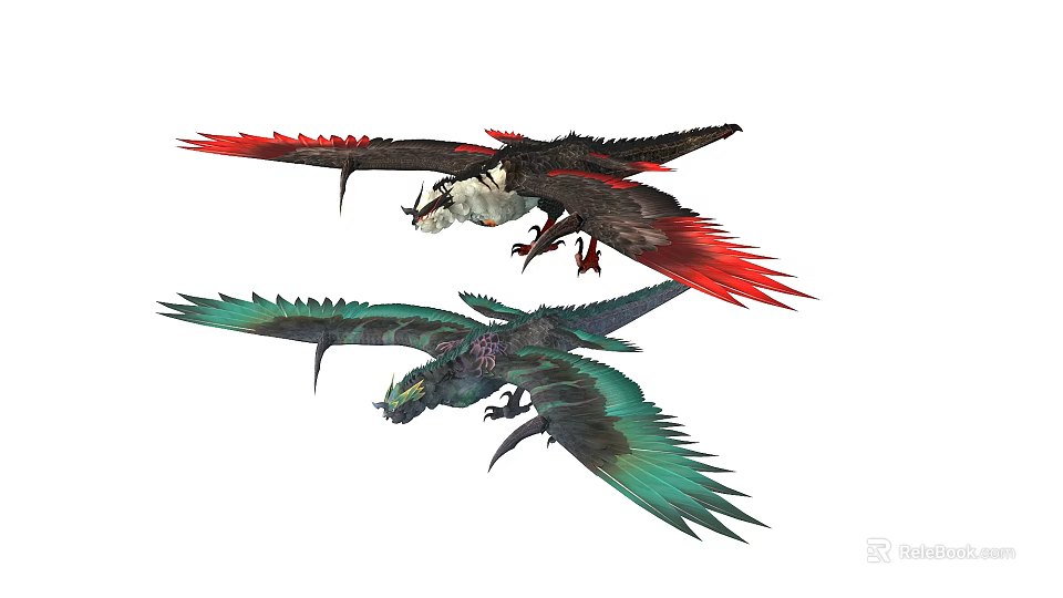 Mythical Flying Dragons With Red Green Wings Sharp Claws And Detailed Scales 3d model 