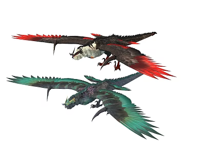 Mythical Flying Dragons With Red Green Wings Sharp Claws And Detailed Scales 3d model