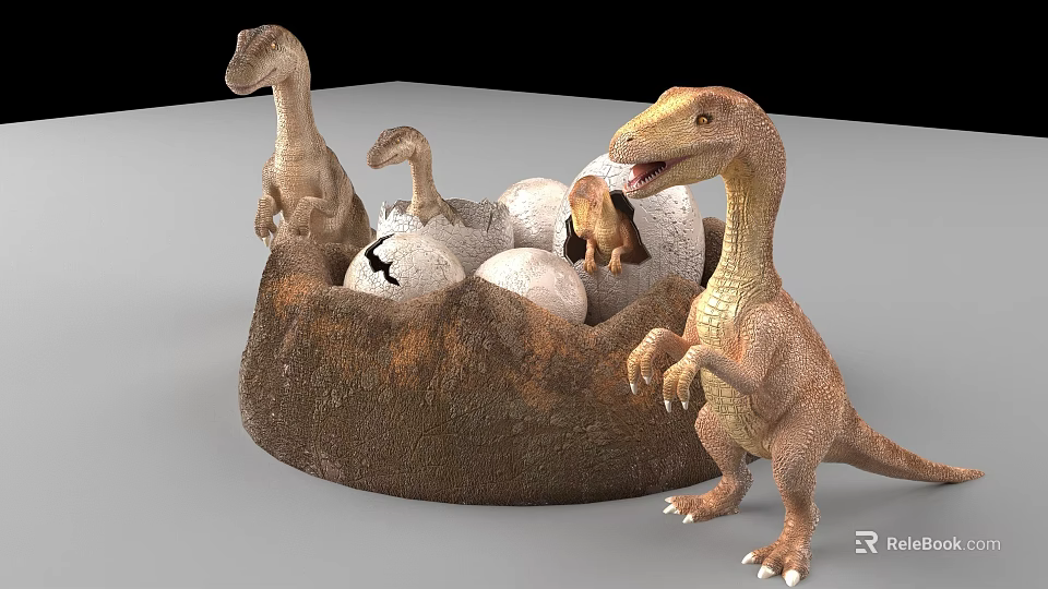 Reptile Dinosaur Nest With Hatching Eggs Baby Dinosaurs And Adult Dinosaur 3d model 