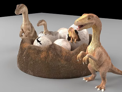 Reptile Dinosaur Nest With Hatching Eggs Baby Dinosaurs And Adult Dinosaur 3d model