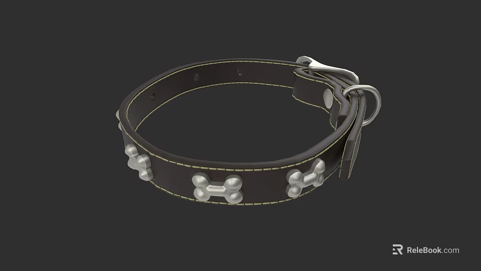 Black Leather Dog Collar With Silver Bone Shaped Decorations And Metal Buckle 3d model 