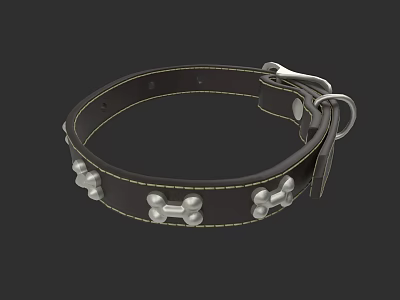 Black Leather Dog Collar With Silver Bone Shaped Decorations And Metal Buckle 3d model