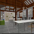 Chinese Style Reception Area With Wooden Bar Counter Lattice Windows And Dining Seating