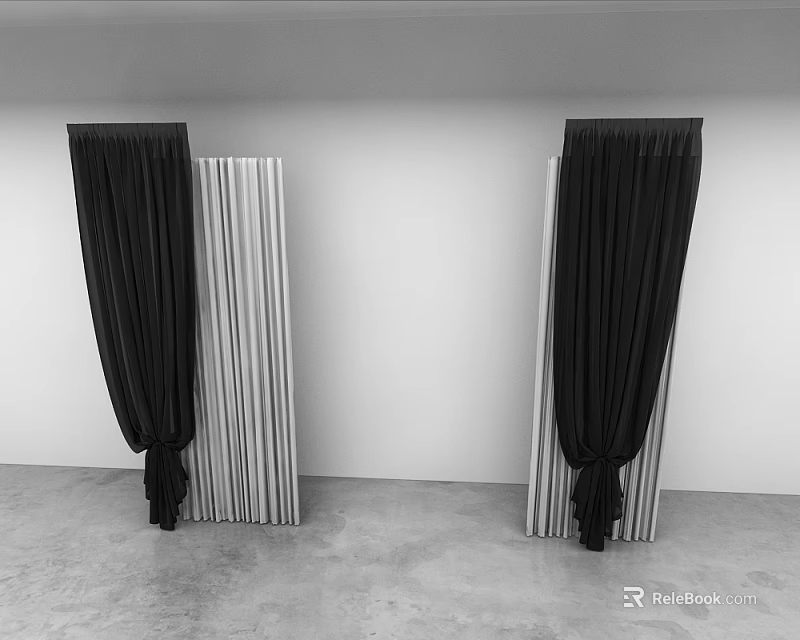 Black Curtains With Striped Panels In Modern Interior White Wall Gray Floor 3d model 