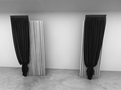 Black Curtains With Striped Panels In Modern Interior White Wall Gray Floor 3d model