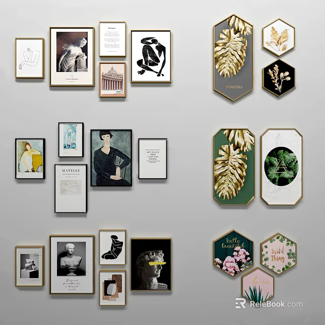 Stylish Decorative Wall Art Collection With Various Frames And Artistic Prints 3d model