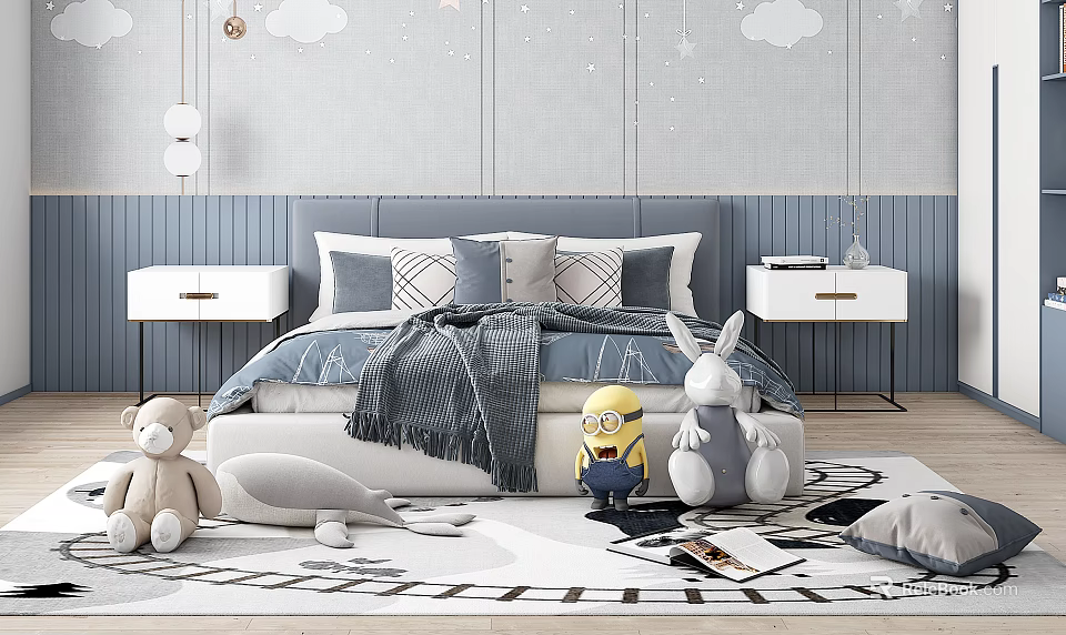 Cozy Kids Room With Blue Headboard Bed Gray Blanket Cloud Star Decor And Stuffed Toys 3d model 