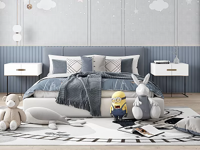 Cozy Kids Room With Blue Headboard Bed Gray Blanket Cloud Star Decor And Stuffed Toys 3d model