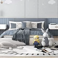Cozy Kids Room With Blue Headboard Bed Gray Blanket Cloud Star Decor And Stuffed Toys