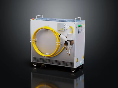Industrial Laboratory Equipment with White Body Yellow Cable Wheels Control Panel and Interfaces 3d model
