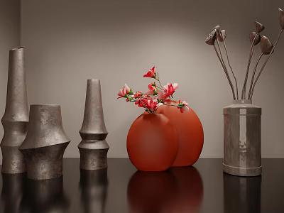 Ceramic Vessels Featuring Red Silver Vases and Red Flowers on Black Tabletop Gray Wall 3d model