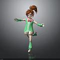 3D Anime Girl Character With Red Ponytail Green Outfit Pink Bow Green Gloves Dancing Pose