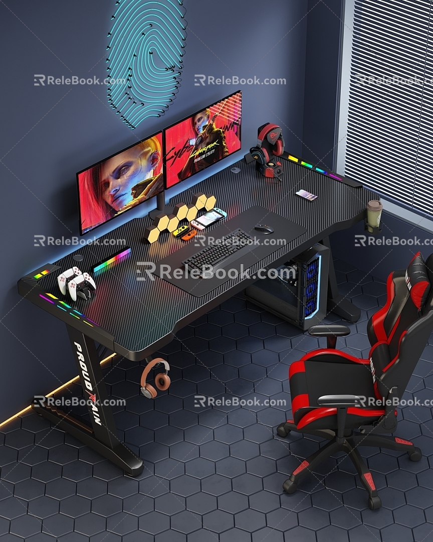 E-sports Table E-sports Room Solid Wooden Table and Chair Combination Computer Table Night View Study Matching 3d model