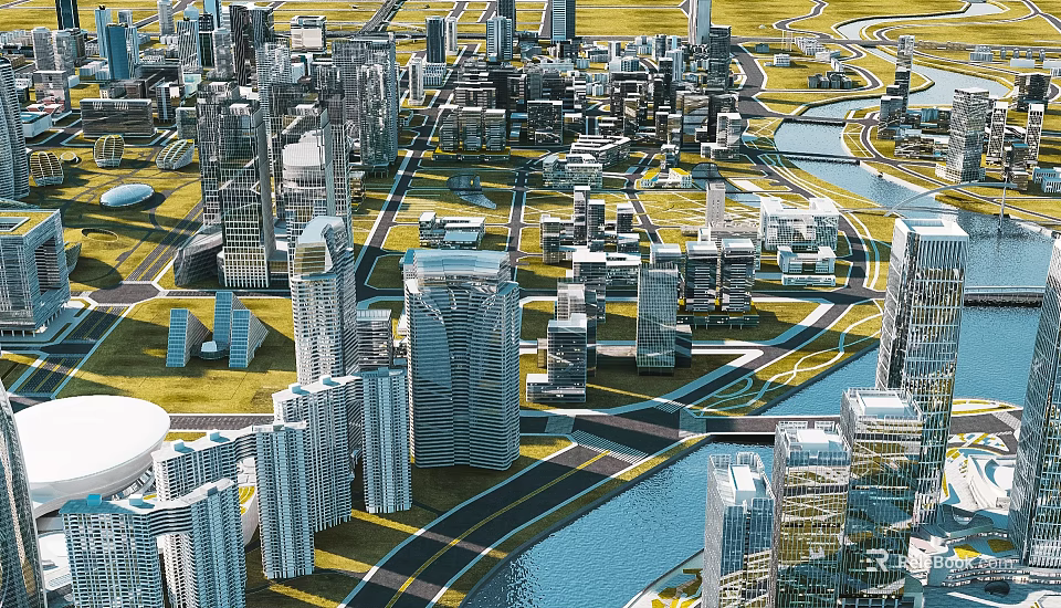 Urban Cityscape Featuring Modern Skyscrapers River Road Networks And Green Areas 3d model 